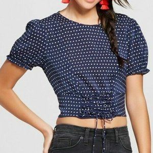 Xhilaration Navy & White Polka Dot Cinched Crop Top with Elastic Waist Size M